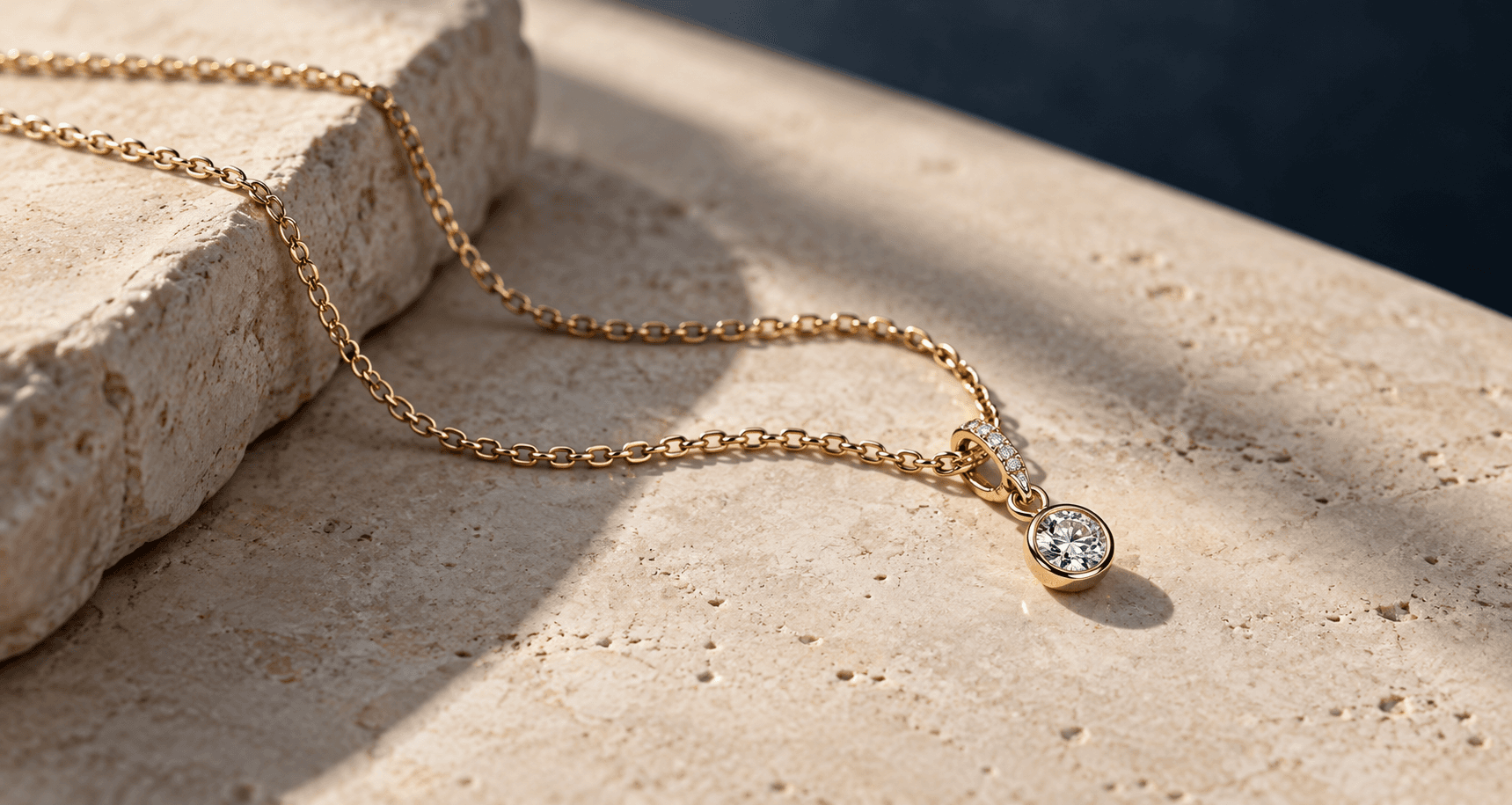 Fine gold chain with a diamond-set pendant on warm stone