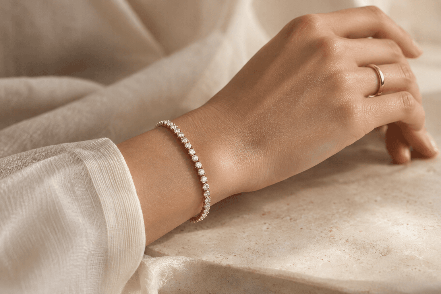 Diamond tennis bracelet worn on the wrist
